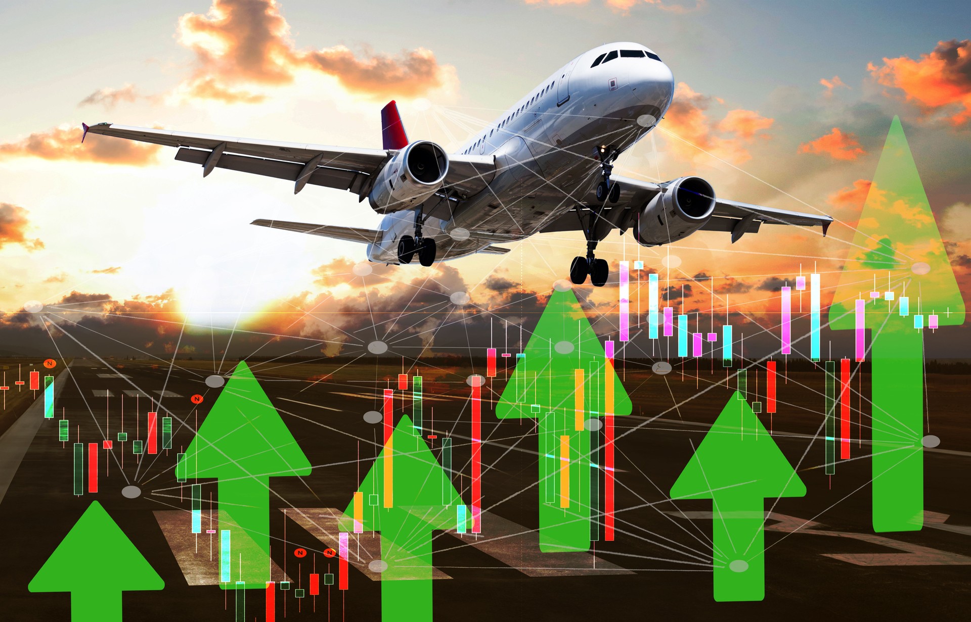Passenger plane ready for landing or taking off with growth graph