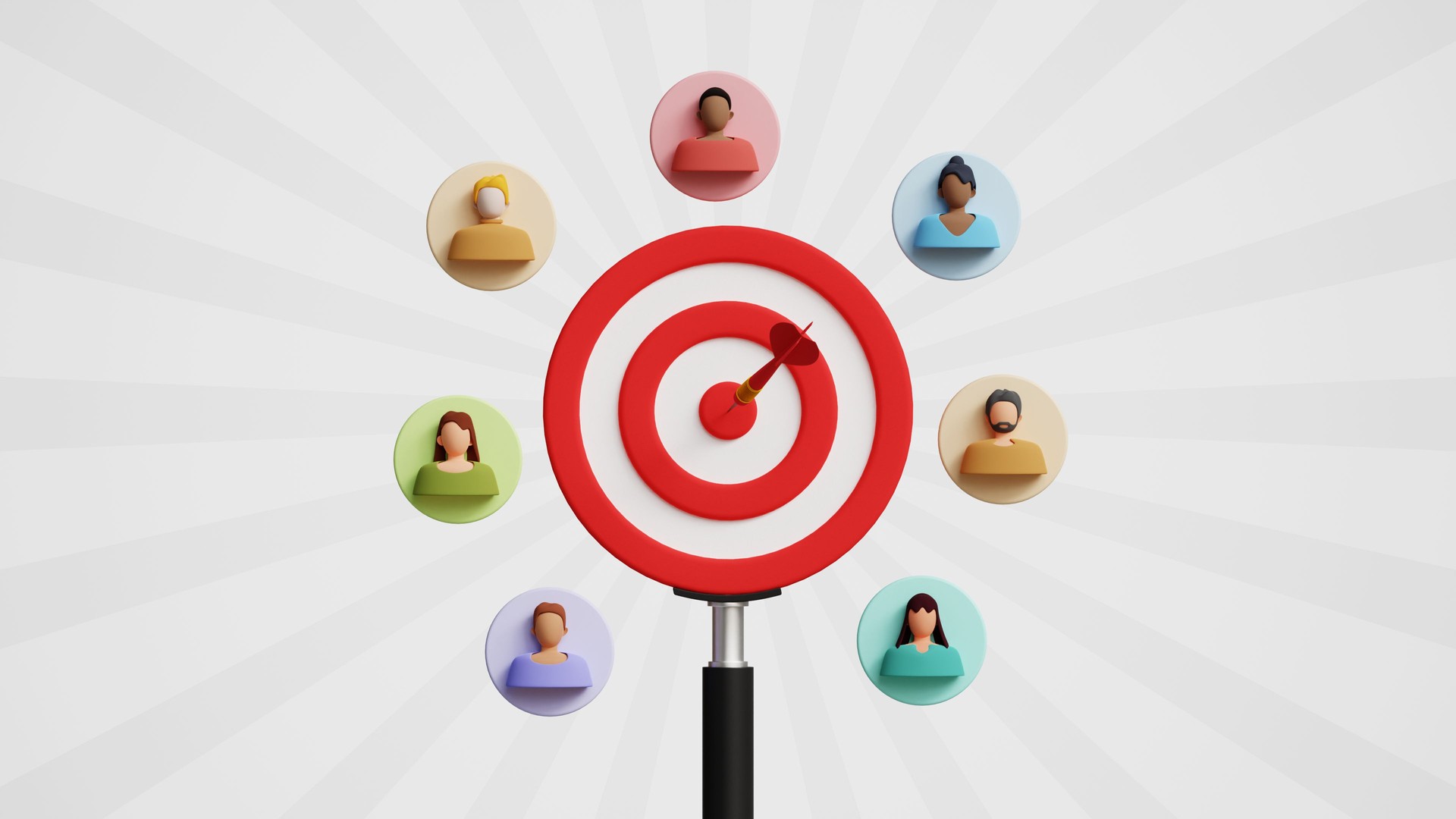 Target audience for advertising, PPC lead generation, finding customer or best job candidate, HR hiring, customer retention and loyalty. 3D bullseye magnifying glass with targeted audience